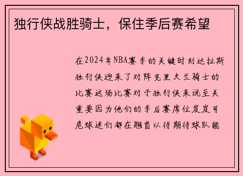 独行侠战胜骑士，保住季后赛希望