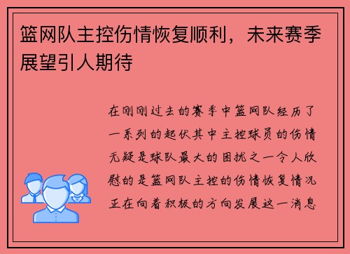 篮网队主控伤情恢复顺利，未来赛季展望引人期待
